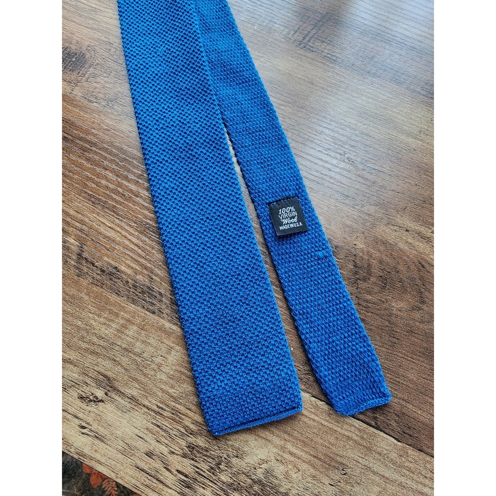 Vintage 100% Wool Knit Tie Square Flat Bottom Blue 70s Retro Academia Heritage